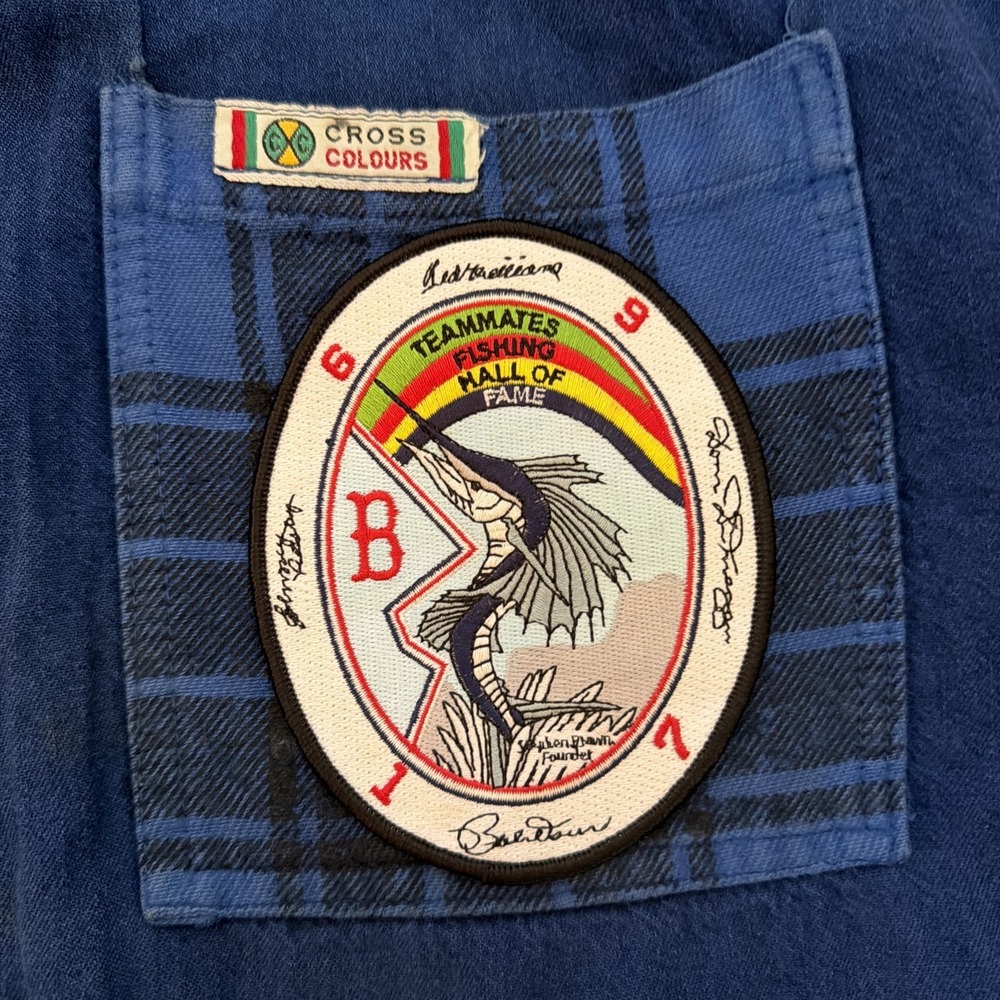Cross Colours Size 2 Blue Button Up Jacket Fishing Hall‎ of Fame Patch Vintage